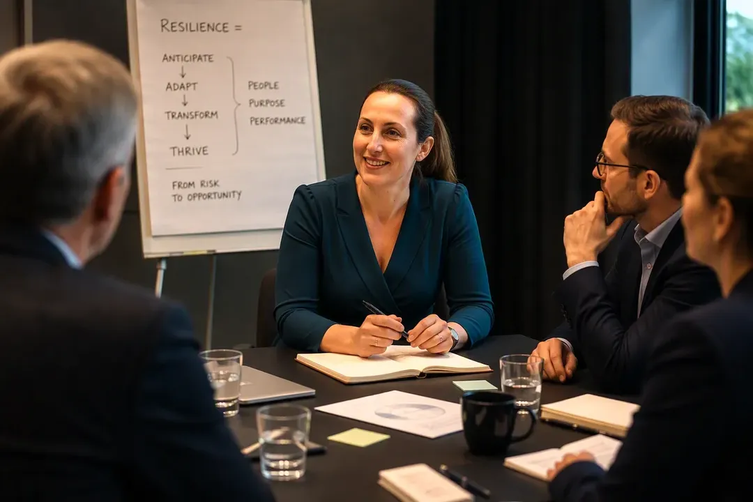 Marine Sanouiller with a leadership team, a flipchart on resilience behind her
